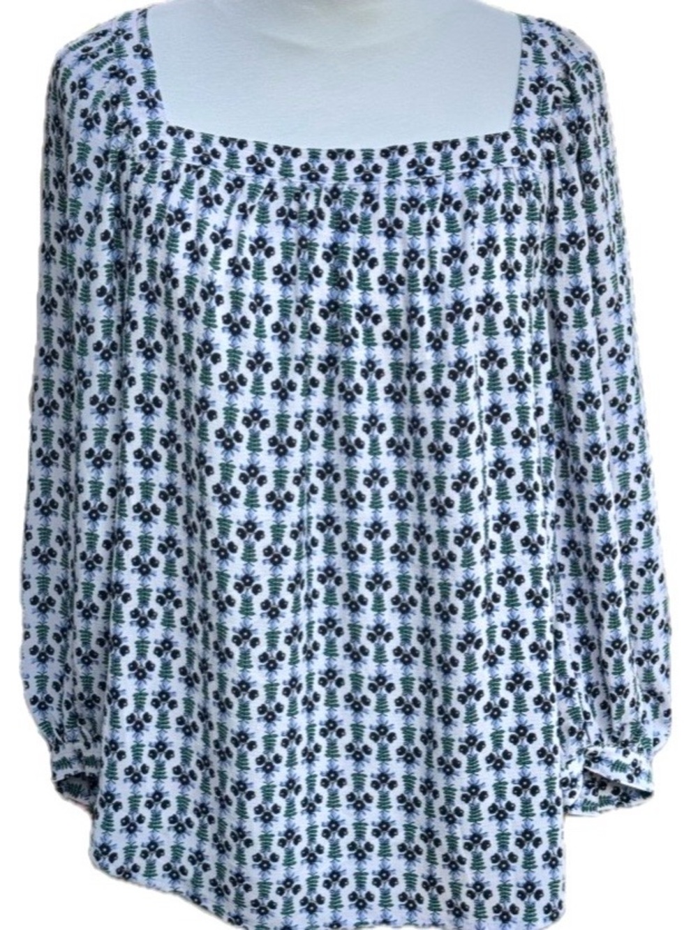 Ann Taylor White Blouse with Navy & Green Floral Print